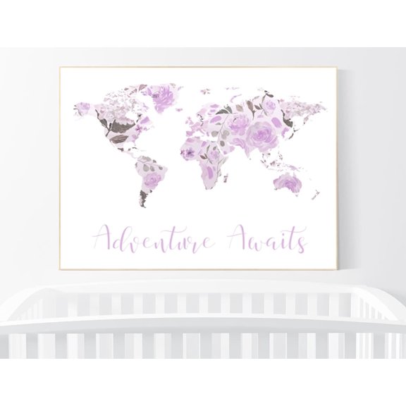 Floral World Map Nursery Wall Art Lavender Travel Decor Living Room Bedroom Office