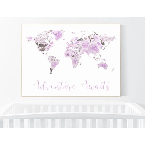 Floral World Map Nursery Wall Art Lavender Travel Decor Living Room Bedroom Office