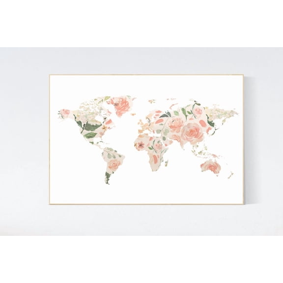 Floral World Map Print Blush Nursery Decor Travel Art
