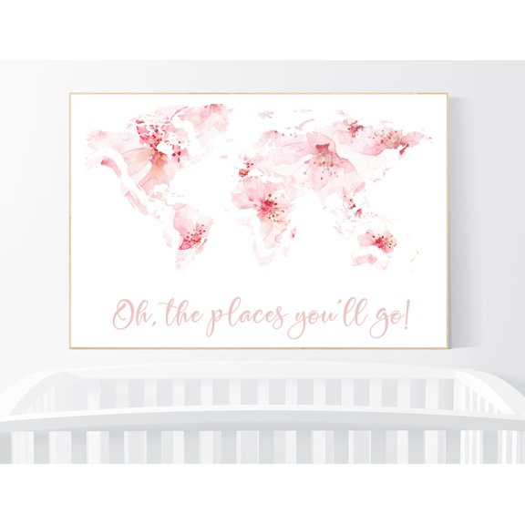 Floral World Map Print Blush Pink Nursery Decor Travel Art