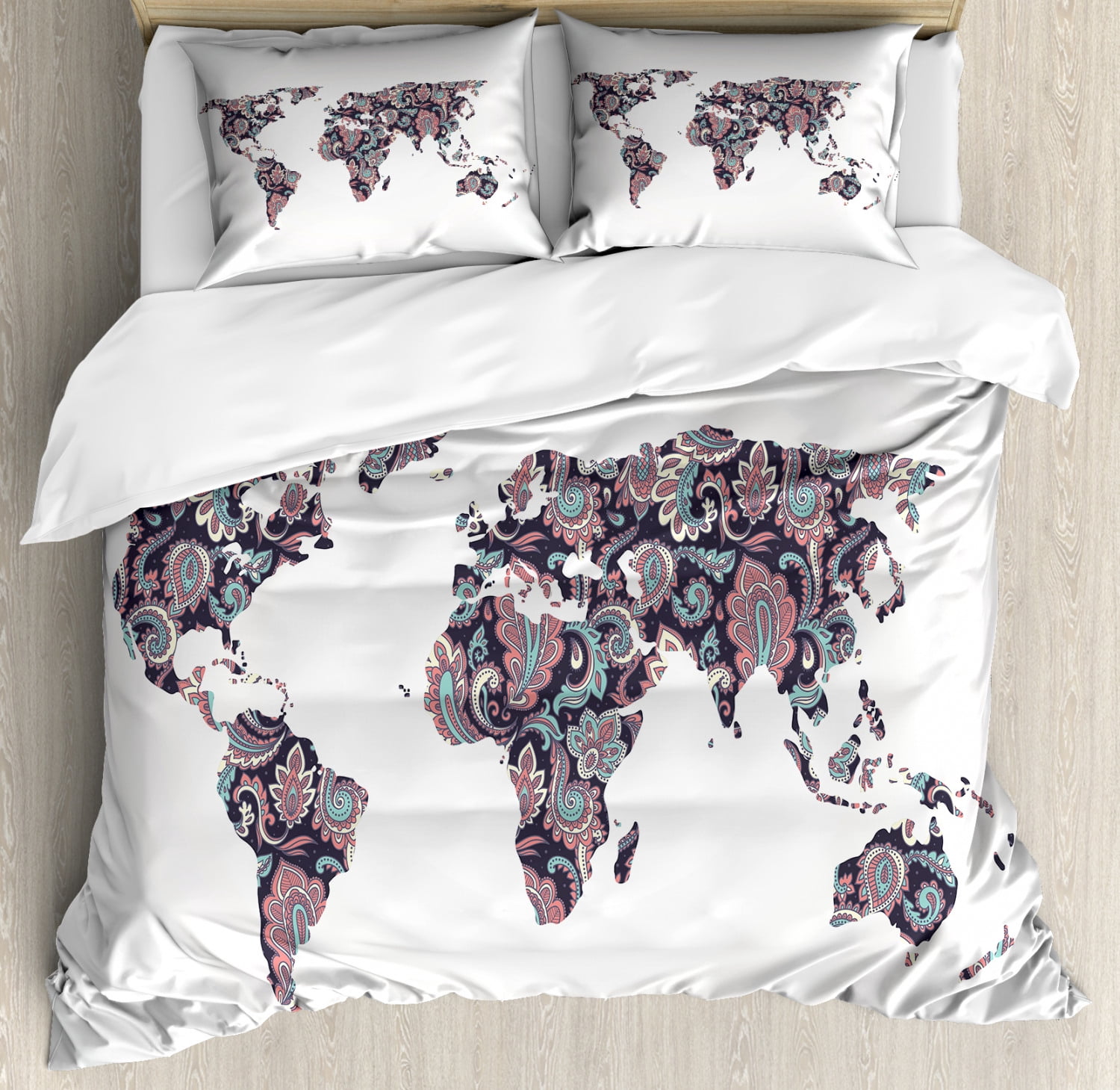 Floral World Map Queen Size Duvet Cover Set, Paisley Leaves Ornamental ...