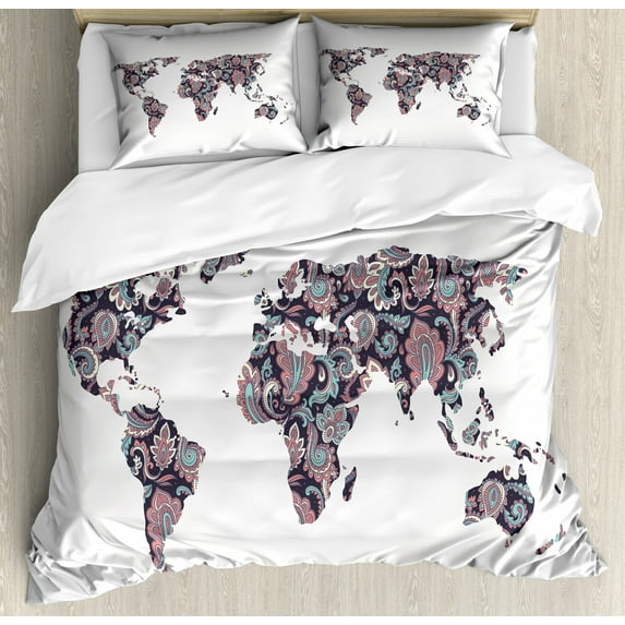 Floral World Map Queen Size Duvet Cover Set, Paisley Leaves Ornamental Eastern Style Old Fashioned Design, Decorative 3 Piece Bedding Set with 2 Pillow Shams, Plum Coral Turquoise, by Ambesonne