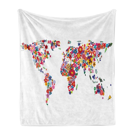 Floral World Map Soft Flannel Fleece Blanket, Bunch of Flower Petals Essence Fragrance Garden Growth Theme Atlas Image, Cozy Plush for Indoor and Outdoor Use, 50" x 60", Multicolor, by Ambesonne