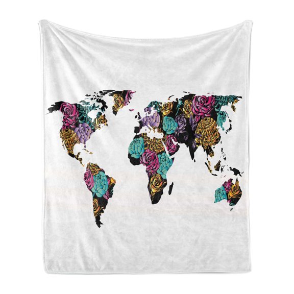 Floral World Map Soft Flannel Fleece Blanket, Continents with Rose Blossoms Shabby Form Display Delicate Vintage Petals, Cozy Plush for Indoor and Outdoor Use, 60" x 80", Multicolor, by Ambesonne