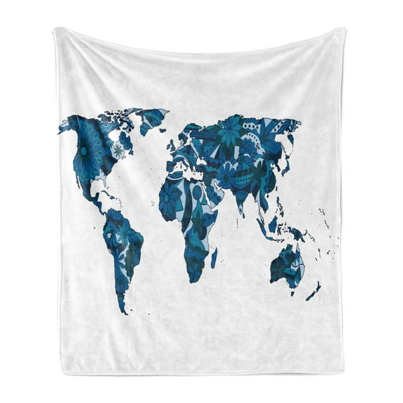 Floral World Map Soft Flannel Fleece Blanket, Flourish Map in Blue Tones Earth Continents with Ornate Eco Plants, Cozy Plush for Indoor and Outdoor Use, 50" x 70", Dark Violet Blue, by Ambesonne