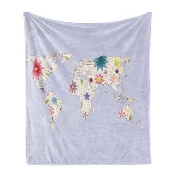 Floral World Map Soft Flannel Fleece Blanket, Retro Style Map with Pastel Toned Blossoms Kids Girls Atlas Illustration, Cozy Plush for Indoor and Outdoor Use, 70" x 90", Cream Lilac, by Ambesonne