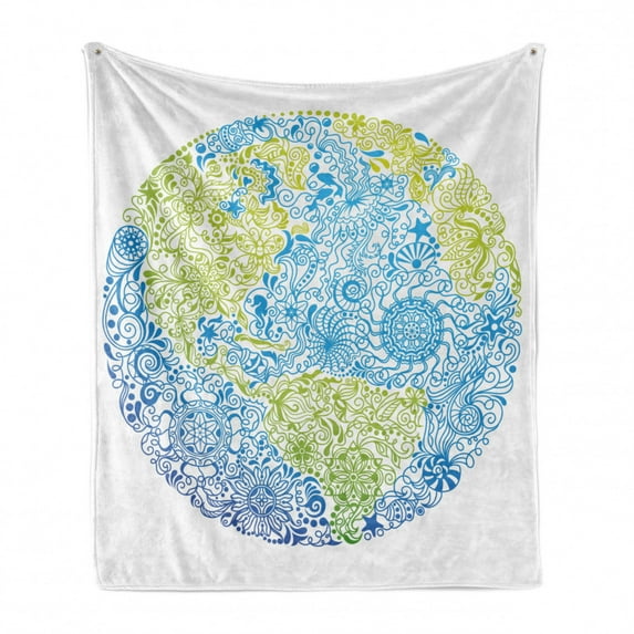 Floral World Map Soft Flannel Fleece Throw Blanket, Climate Change Theme Planet with Floral Leaves Environment Art, Cozy Plush for Indoor and Outdoor Use, 50" x 60", Blue Lime Green, by Ambesonne