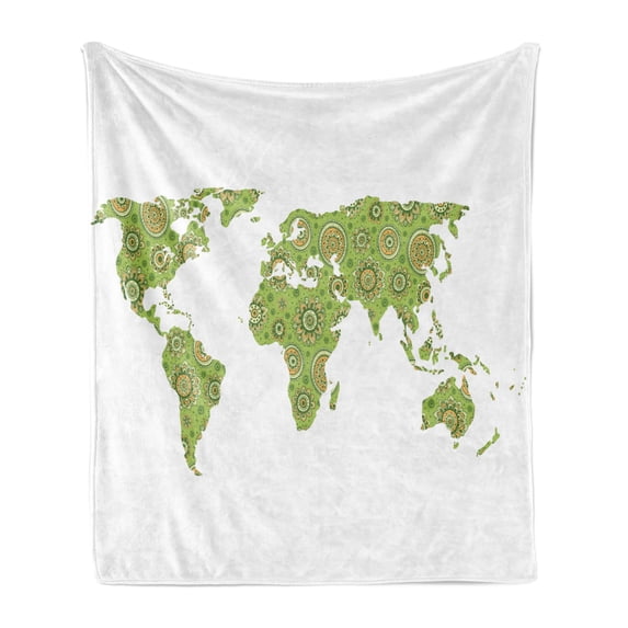 Floral World Map Soft Flannel Fleece Throw Blanket, Mandala Inspired Round on Green Color Inspiration, Cozy Plush for Indoor and Outdoor Use, 70" x 90", Lime Green, by Ambesonne