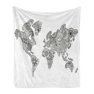 Floral World Map Soft Flannel Fleece Throw Blanket, Monochrome Floral Pattern Continents Modern Design, Cozy Plush for Indoor and Outdoor Use, 50" x 70", Black White, by Ambesonne