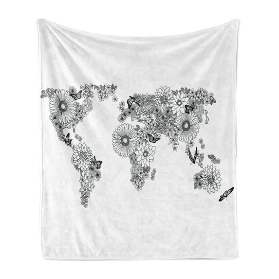 Floral World Map Soft Flannel Fleece Throw Blanket, Planet Petals Atlas Butterflies Flying on Continents Oceans Graphic, Cozy Plush for Indoor and Outdoor Use, 70" x 90", Black White, by Ambesonne