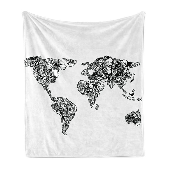 Floral World Map Soft Flannel Fleece Throw Blanket, Sketch Style Atlas Exotic Blossoms and Leaves Monochrome, Cozy Plush for Indoor and Outdoor Use, 50" x 70", Black White, by Ambesonne