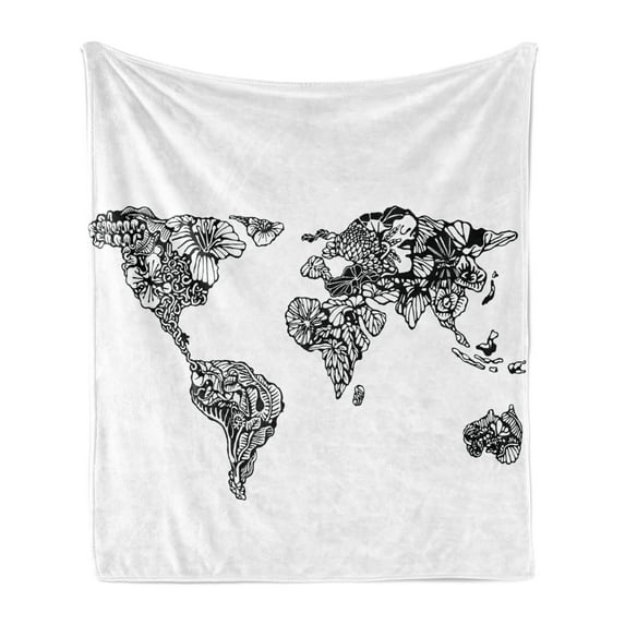 Floral World Map Soft Flannel Fleece Throw Blanket, Sketch Style Atlas Exotic Blossoms and Leaves Monochrome, Cozy Plush for Indoor and Outdoor Use, 70" x 90", Black White, by Ambesonne