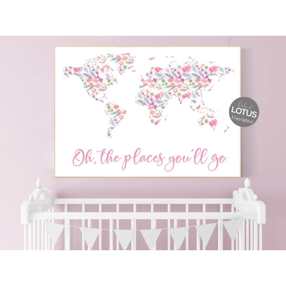 Floral World Map Wall Art Nursery Travel Decor Living Room Bedroom Office