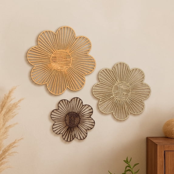 Floral Woven Paper Rope Wall Decor Set of 3, Natural Tones - Boho Wallart, Rustic Home Accent, Woven Hanging for Bedroom, Bathroom, Kitchen, Office, Coffee Bar, Above Couch, Farmhouse Basket Tapestry