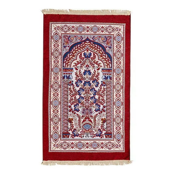 Floral Woven Pattern Prayer Rug Foldable Muslims Islamics Kneeling Mat Carpet Tassels Blanket for Men Women and Children
