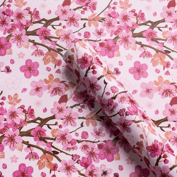 Floral Wrapping Paper - Mini Roll - 22 Inch x 10 Feet - Pink Cherry Blossom Flower Wrapping Paper for Birthday, Mother's Day, Wedding, Baby Shower, Bridal Shower
