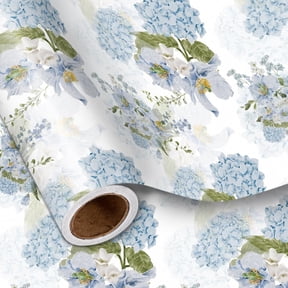 Floral Wrapping Paper Roll, Blue Hydrangea Flowers Party Gift Wrap for Wedding, Bridal Shower, Baby Shower, Anniversary, Mother's Day, Birthday, Mini Roll, 17 inches x 32.8 Feet