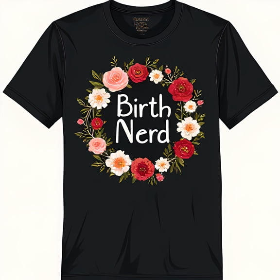 Floral Wreath Birth Nerd Black T-Shirt Stylish Graphic Tee for Moms