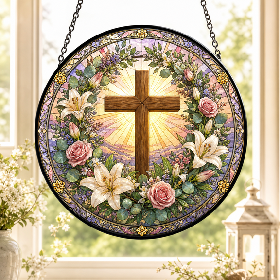 Floral Wreath Cross Stained Glass Suncatcher Window Hanging Christian Gift