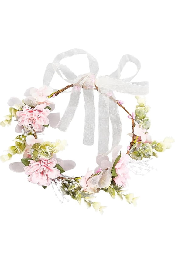 Floral Wreath Headband Cloth Pink Flower Green Leaf Garland Headbands Hair Garland Accessories Headpieces with Silk Ribbon for Bridal Women Girls Wedding Party Festival DIY