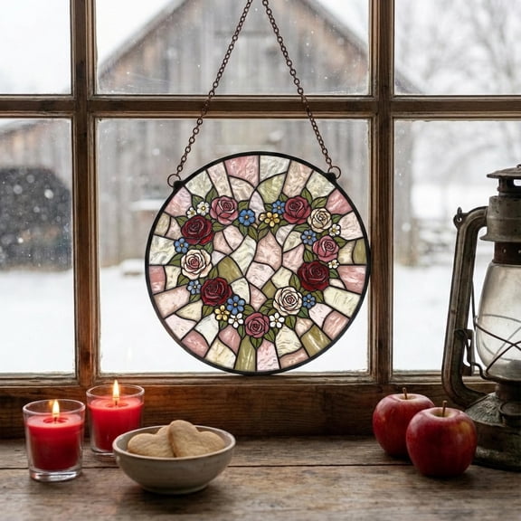 Floral Wreath Heart Glass Suncatcher, Romantic Window Hanging, Spring Love Art Decor, 3.5 in