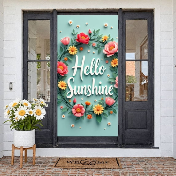 Floral Wreath Hello Sunshine Banner Pink Flowers Spring Backdrop Yellow Daisies Green Leaves Floral Display for Spring Party Garden Gathering Photo Backdrop