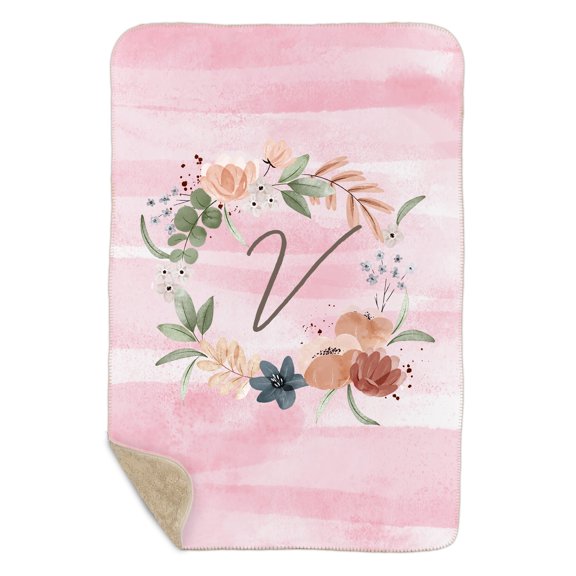 Floral Wreath Initial 37" x 57" Sherpa Lined Sublimated Throw