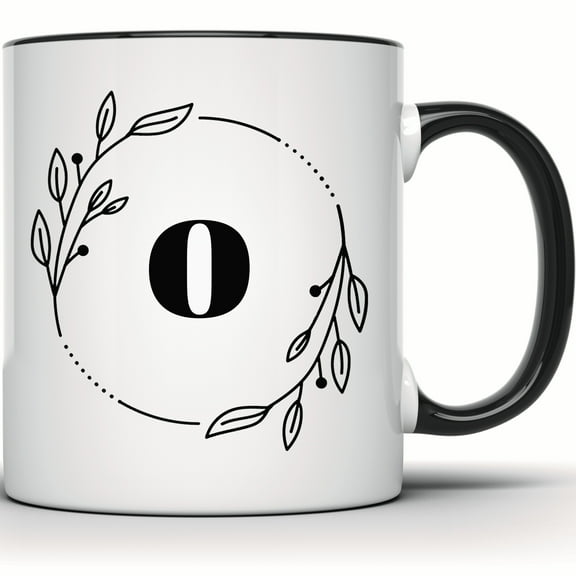 Floral Wreath Letter O Mug - Black & White Initial Coffee/Tea Mug - Alphabet Gift Mug - 11 Ounce Black Rim Handle Novelty Coffee Cup - WMUG0391-Black Rim