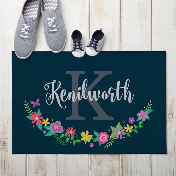 Floral Wreath Personalized Navy Doormat