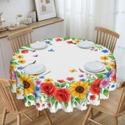 Floral Wreath With Sunflowers Round Tablecloth Polyester Waterproof & Washable 60" Table Cloth Indoor and Outdoor for Kitchen Dining Party Picnic Table Cover