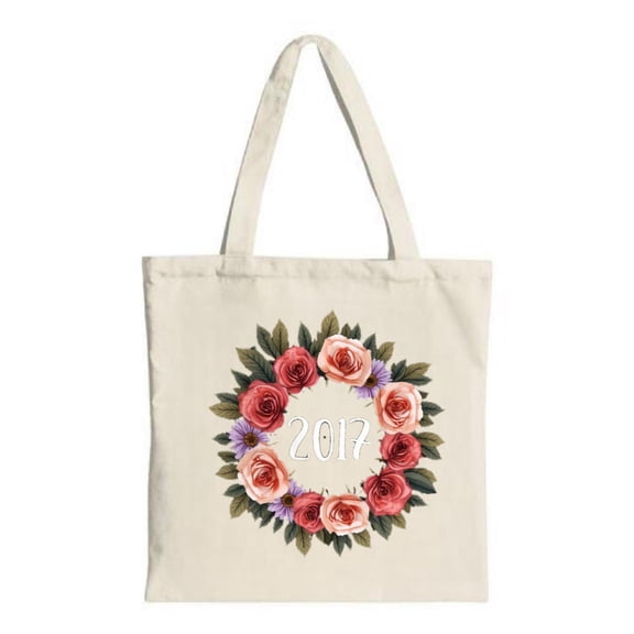 Floral Wreath Tote Bag - Cream Background with Red & Pink Roses Purple Flowers & ' 2017 ' in White Perfect for Shopping & Travel