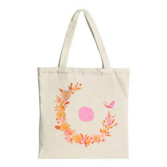 Floral Wreath Tote Bag - Cream Canvas with Orange & Pink Flowers Pink Butterfly Sturdy Handles Perfect for Shopping & Travel