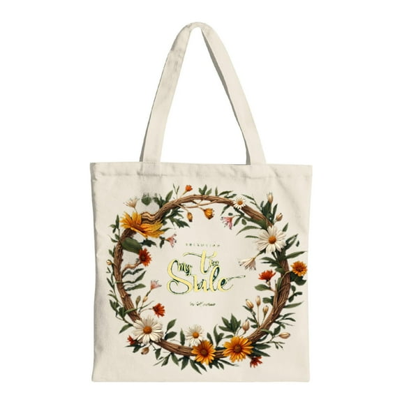 Floral Wreath Tote Bag - Natural Canvas Reusable Shopping Bag with Daisies & Orange Blossoms Perfect for Parties Travel & Everyday Use