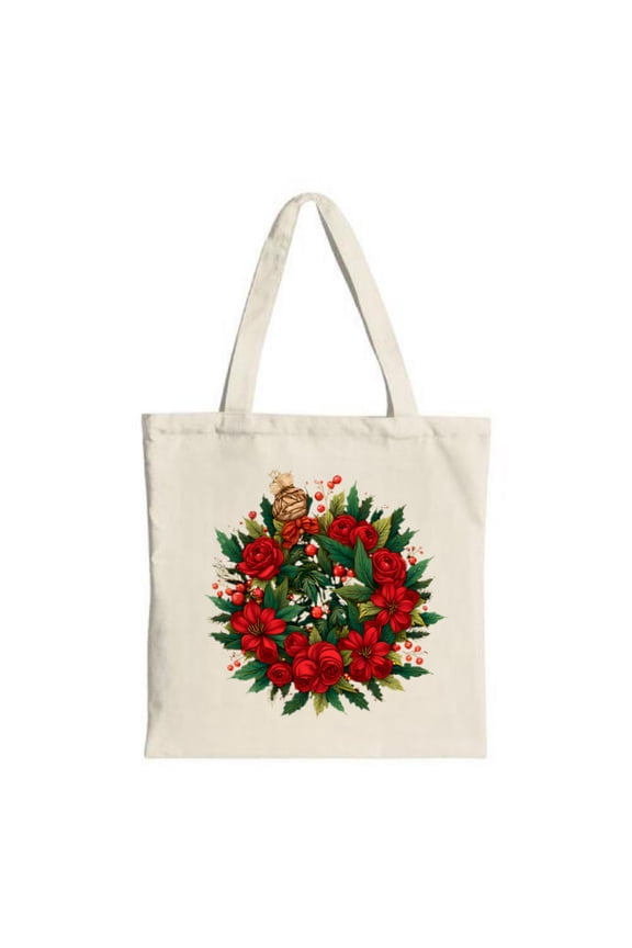 Floral Wreath Tote Bag - Red Roses Green Leaves with Hearts - Stylish Canvas Bag for Shopping Travel & Parties