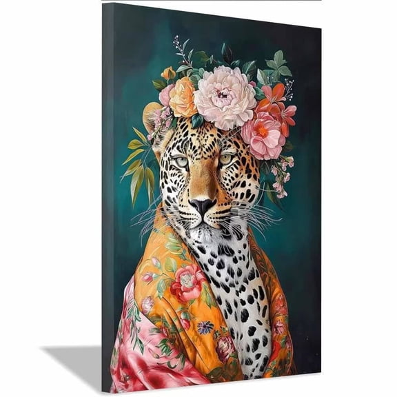 Floral Wreathed Leopard Silk Kimono Framed Canvas Print,Romantic Wildlife Drawings fit Entryway Sleeping Room Decor Ready to Hang-18"L x 12"W