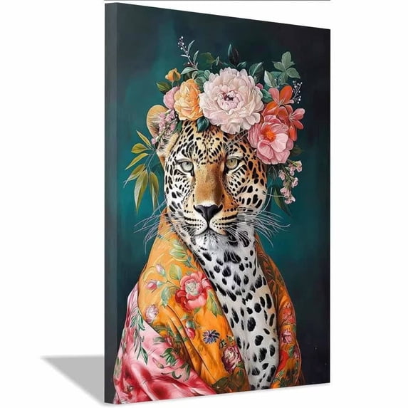 Floral Wreathed Leopard Silk Kimono Framed Canvas Print,Romantic Wildlife Drawings fit Entryway Sleeping Room Decor Ready to Hang-20"L x 16"W