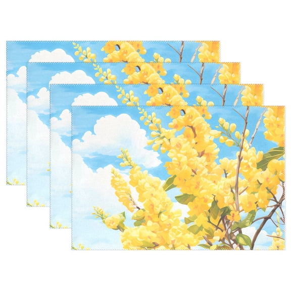 Floral Yellow 4 PCs Placemats Set Linen Non-Slip Table Mat Rectangular Washable for Dining Kitchen Party 12"x18"