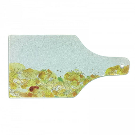 Floral Yellow Cutting Board, Watercolor Grunge Splash Hand Drawn Sunflowers, Decorative Tempered Glass Cutting and Serving Board, in 3 Sizes, by Ambesonne