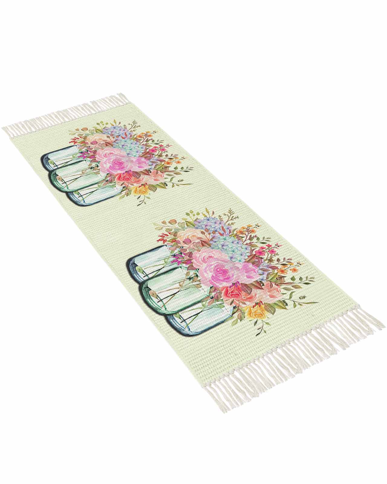 Floral Yellow Kitchen Runner Rug 2'x4', Washable Woven Cotton Area Rug ...