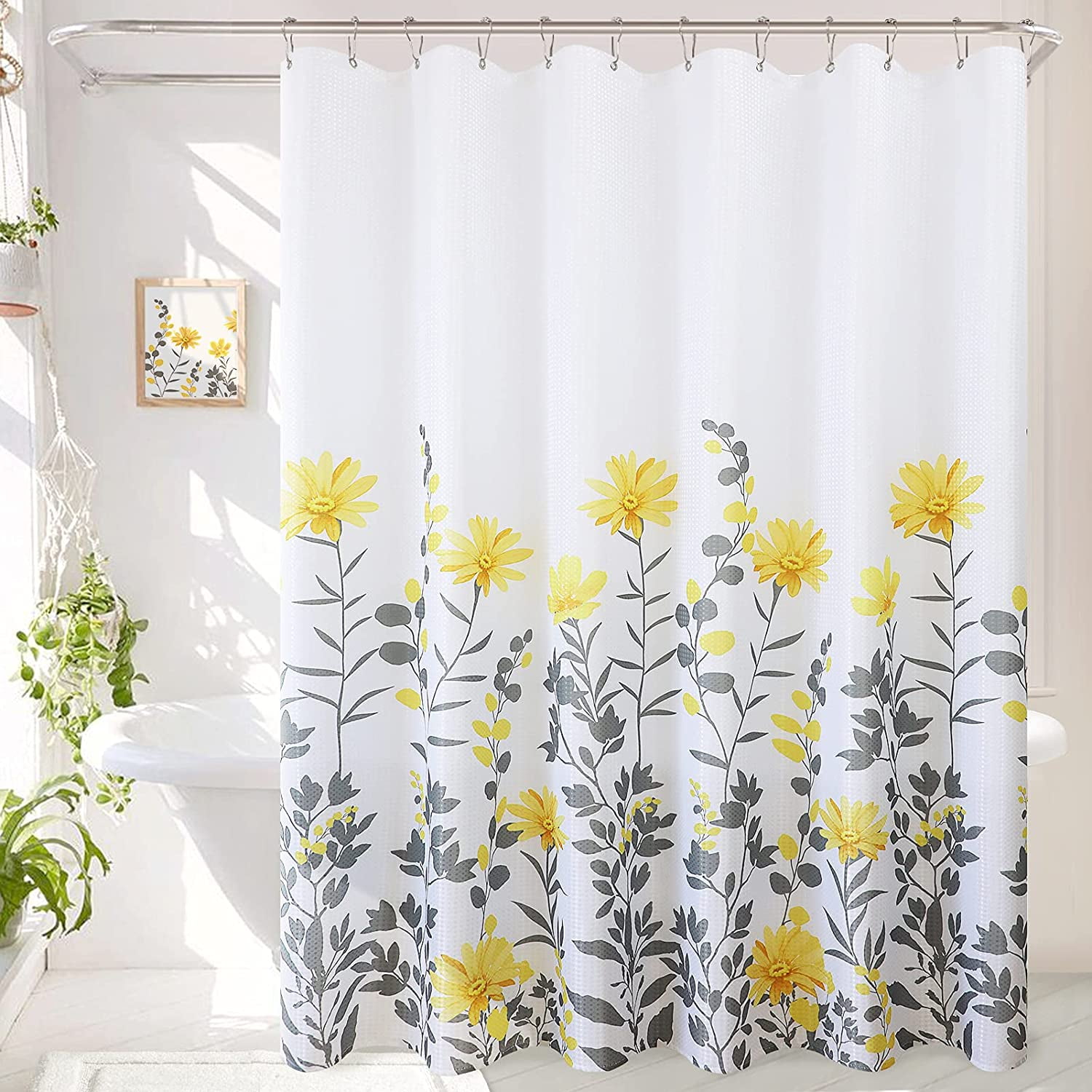 Floral Yellow Shower Curtain Set Flowers White Shower Curtains with 12