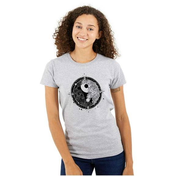 Floral Yin Yang Symbolic Spiritual Womens Slim Fit Graphic Tee Brisco Brands S