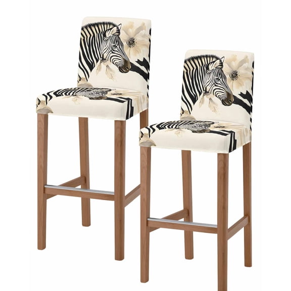 Floral Zebra Bar Stool Covers Set of 2, Black Stripes Flowers Plant Spring Botanical Stretch Bar Chair Covers with Backs, Removable Pub Counter Height Chair Cover for Kitchen Dining Room Cafe