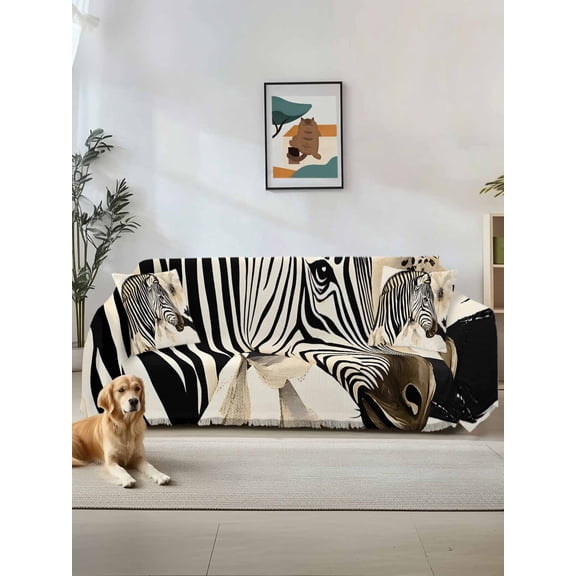 Floral Zebra Couch Cover, Black Stripes Flowers Plant Spring Botanical Sofa Cover Blanket for 2 Seat Cushion, Sectional Sofa Slipcover Furniture Protector for Living Room Bedroom 71''x102''