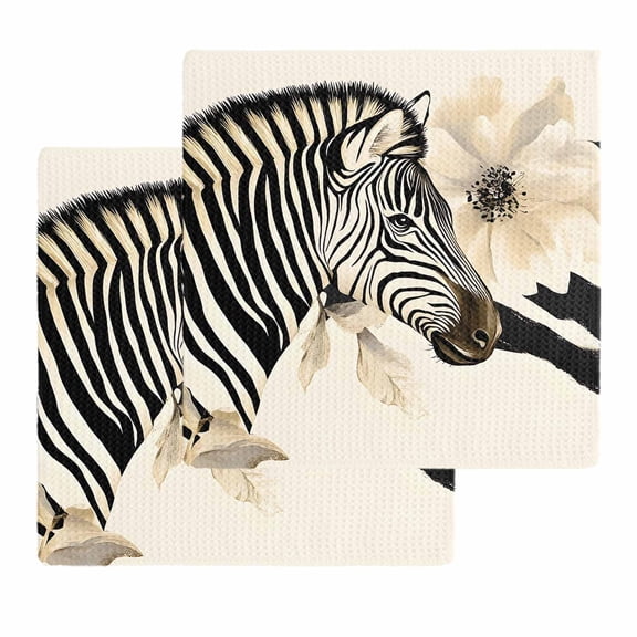 Floral Zebra Dish Towels Set,Waffle Weave Kitchen Towels 2 Pieces,Black Stripes Flowers Plant Spring Botanical Microfiber Hair Face Bath Tea Towel Absorbent Quick Drying Cleaning Dish Cloths,12"x12"
