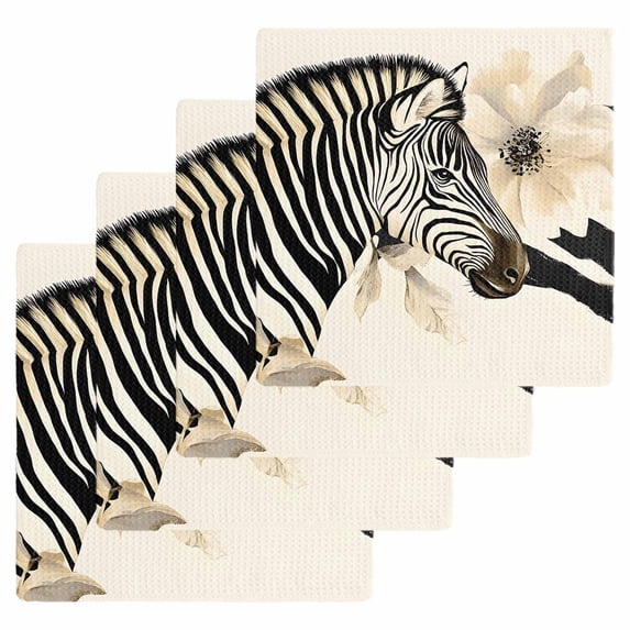 Floral Zebra Dish Towels Set,Waffle Weave Kitchen Towels 4 Pieces,Black Stripes Flowers Plant Spring Botanical Microfiber Hair Face Bath Tea Towel Absorbent Quick Drying Cleaning Dish Cloths,12"x12"
