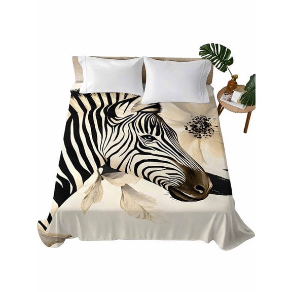 Floral Zebra Flat Sheet Only Twin Size, Soft Breathable Bed Top Sheets for Mattress, Black Stripes Flowers Plant Spring Botanical Luxury Bedding Flat Sheets for Home Hotel Bedroom Bed Protection
