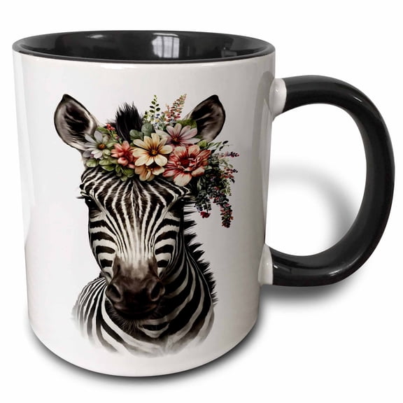3drose, Floral Zebra Illustration, 11oz Two-tone Black Mug