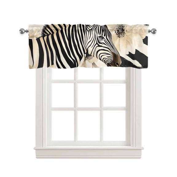 Floral Zebra Kitchen Valances for Windows Farmhouse Linen Window Valance Curtain for Living Room Window Treatment Black Stripes Flowers Plant Spring Botanical Valance Rod Pocket Topper, 60 x 18 Inch