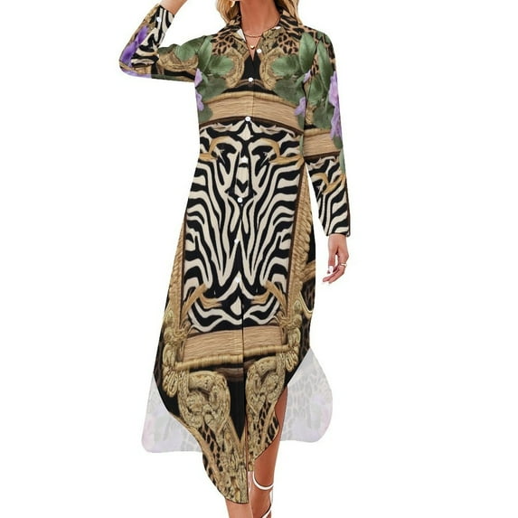 Floral Zebra Leopard Baroque Gold Shirt Dress Long Sleeve Street Fashion V Neck Oversized Casual Dress Women Evening Dress