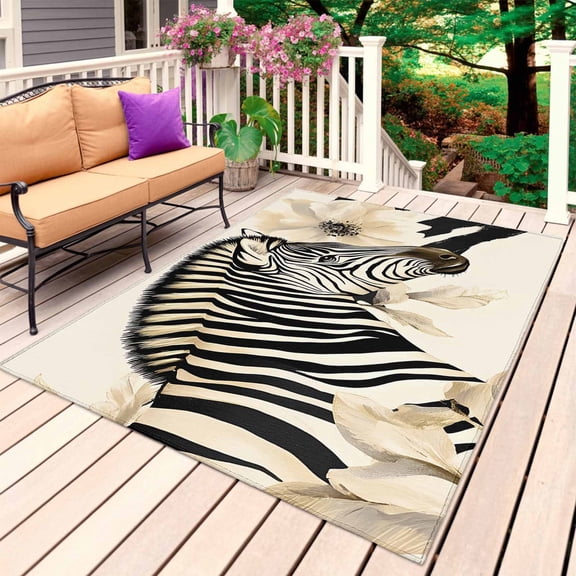 Floral Zebra Outdoor Rug 3x5 Ft, Non Slip Washable Area Rug, Black Stripes Flowers Plant Spring Botanical Patio Rugs Carpet Runner, Large Floor Mat for Indoor/Outdoor Deck Porch Camping